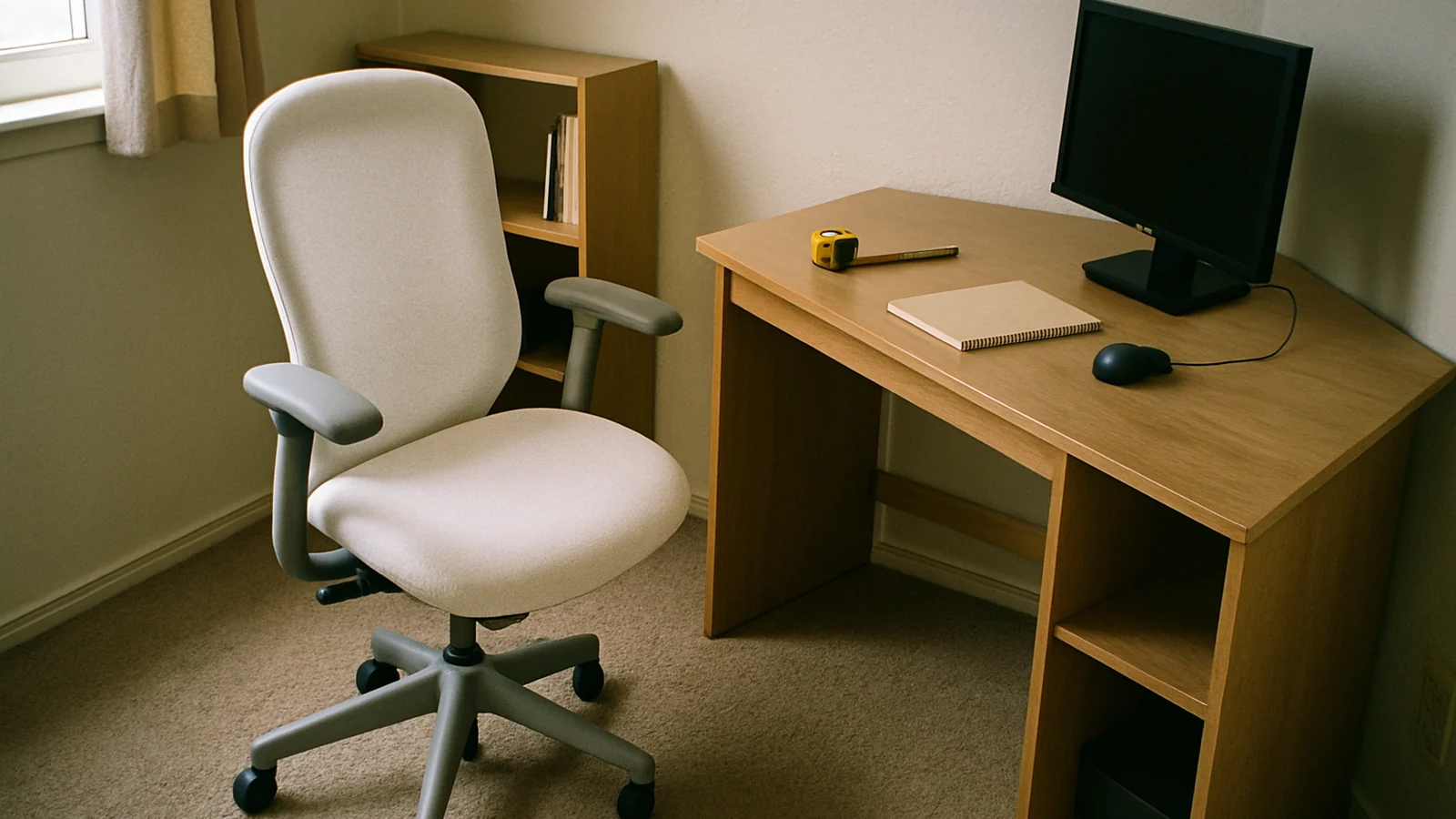 White ergonomic chair detail for fitting a white ergonomic chair into a small office