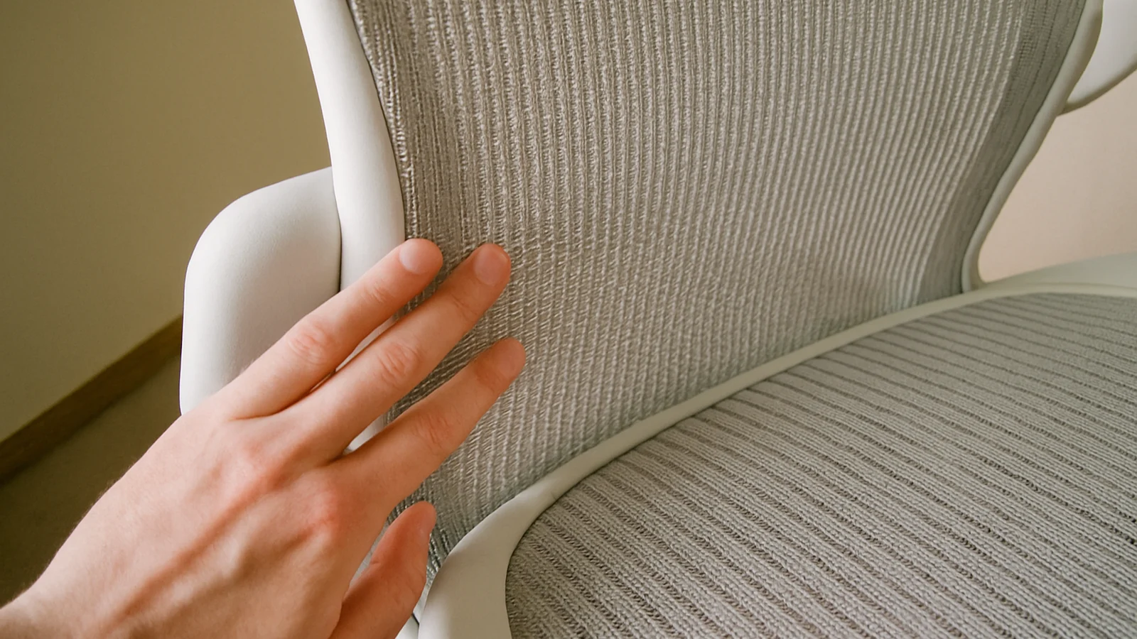 White ergonomic chair detail for white chair materials that stay calm in a busy office