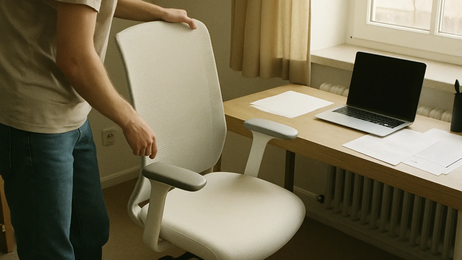 Person adjusting a white ergonomic office chair in a home office